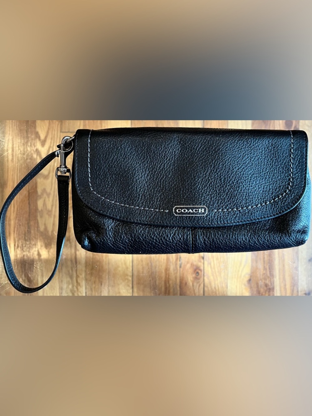 Coach Black Pebbled Leather Wristlet Clutch Wallet Large Organizer Bag
